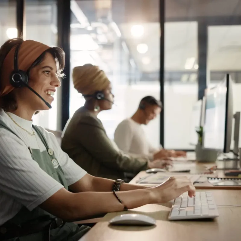 Call center, computer and consulting with business woman for telemarketing, customer service and co.